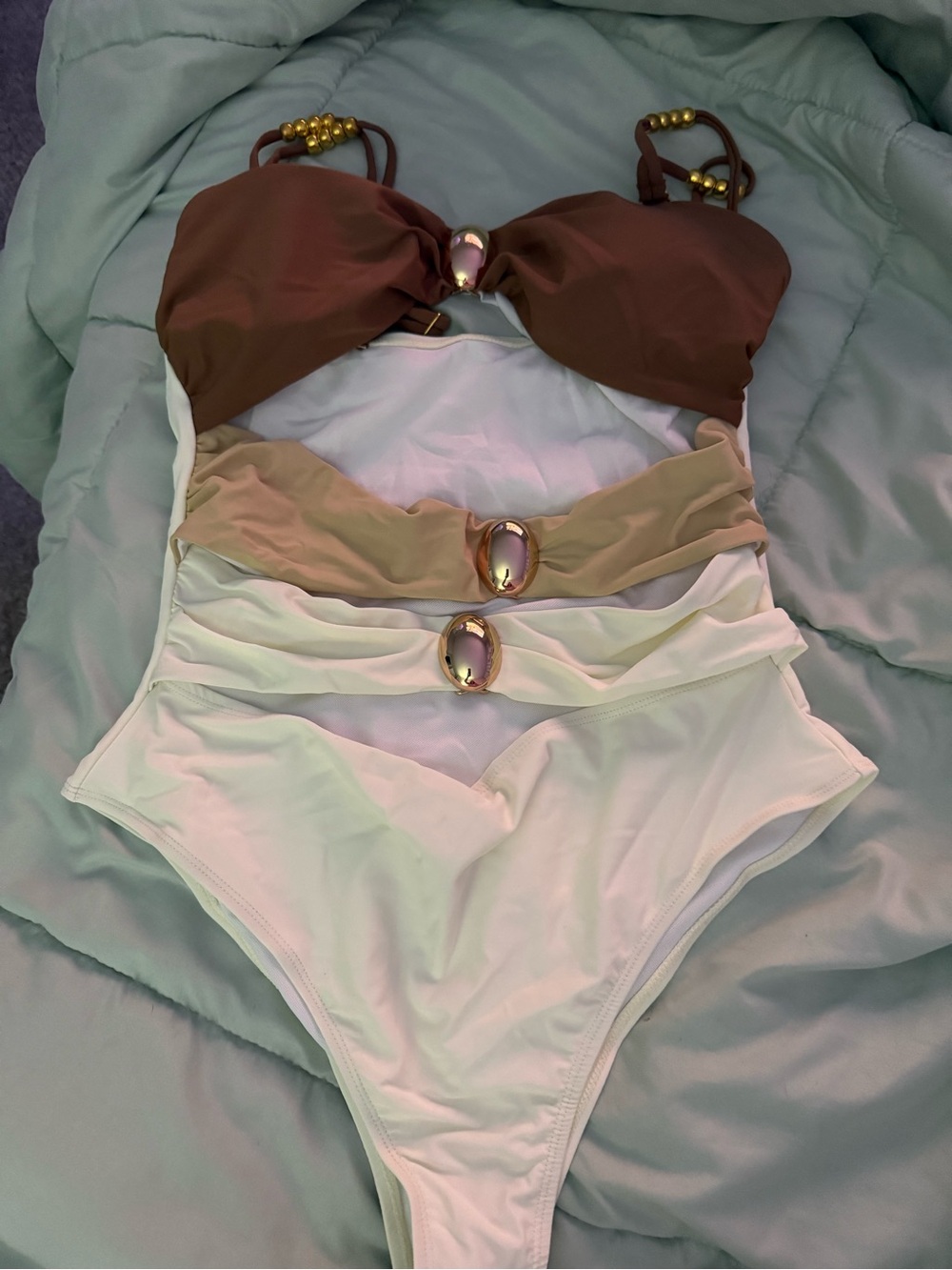 Ruched Colorblock One-Piece Swimsuit in Brown, Tan and White - Picture 1 of 5